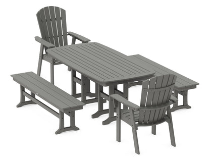 POLYWOOD Nautical Curveback Adirondack 5-Piece Dining Set with Benches - 37" x 72" Table in Slate Grey