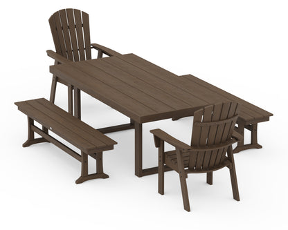 POLYWOOD Nautical Curveback Adirondack 5-Piece Dining Set with Benches - 39" x 78" Table in Kona