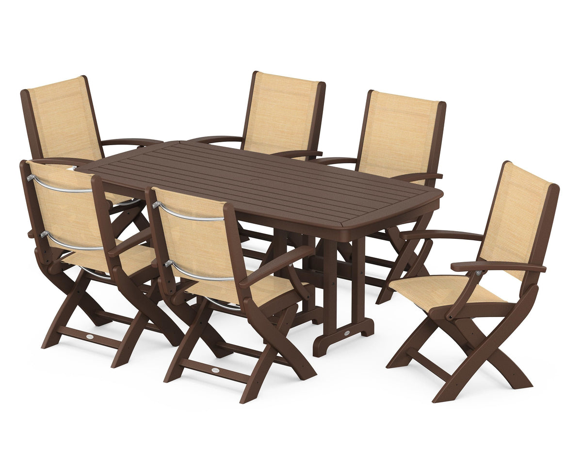 POLYWOOD Coastal Folding Arm Chair 7-Piece Dining Set in Mahogany / Dupioni Apricot