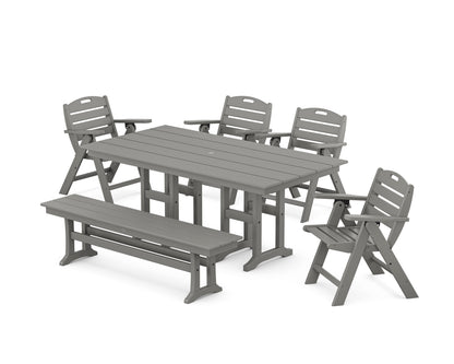 POLYWOOD Nautical Lowback 6-Piece Farmhouse Dining Set with Bench in Slate Grey