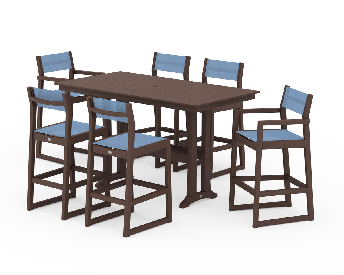 POLYWOOD EDGE Sling 7-Piece Farmhouse Bar Set with Trestle Legs in Mahogany / Poolside