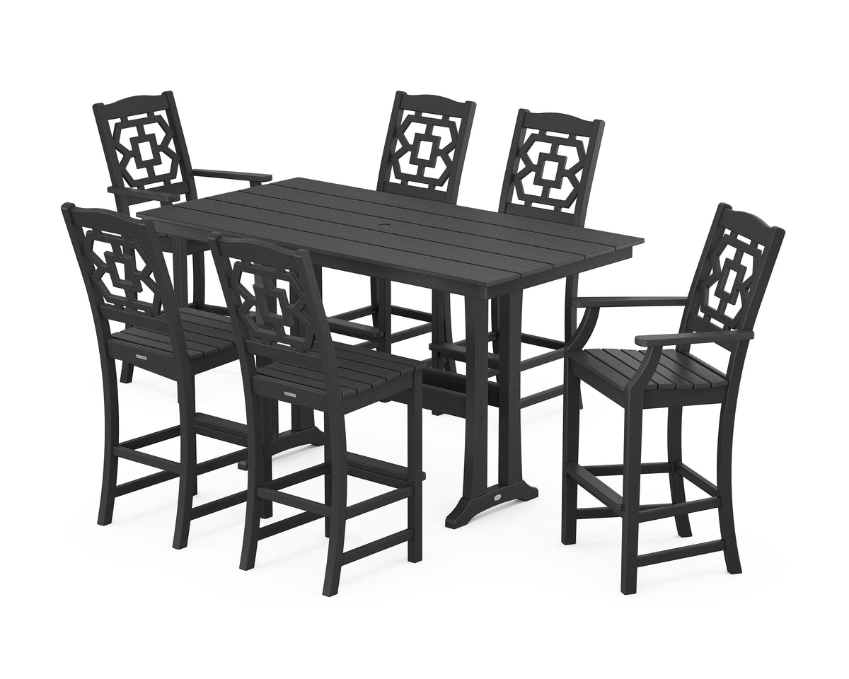 POLYWOOD Chinoiserie 7-Piece Farmhouse Bar Set with Trestle Legs in Black