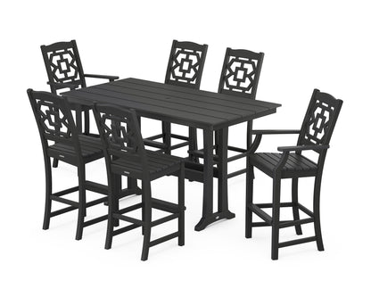 POLYWOOD Chinoiserie 7-Piece Farmhouse Bar Set with Trestle Legs in Black