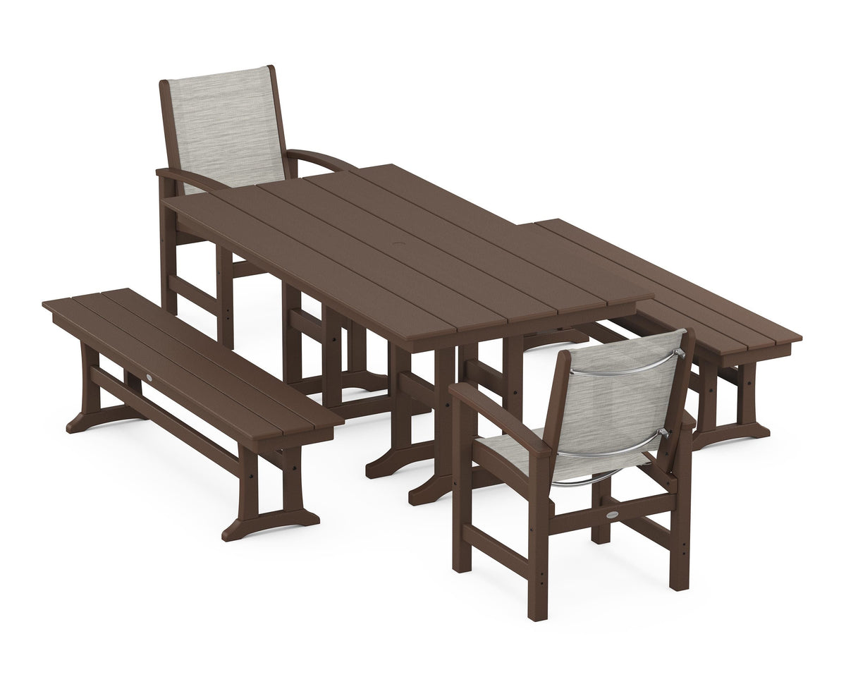 POLYWOOD Coastal 5-Piece Farmhouse Dining Set with Farmhouse 37" x 72" Dining Table in Mahogany / Birch