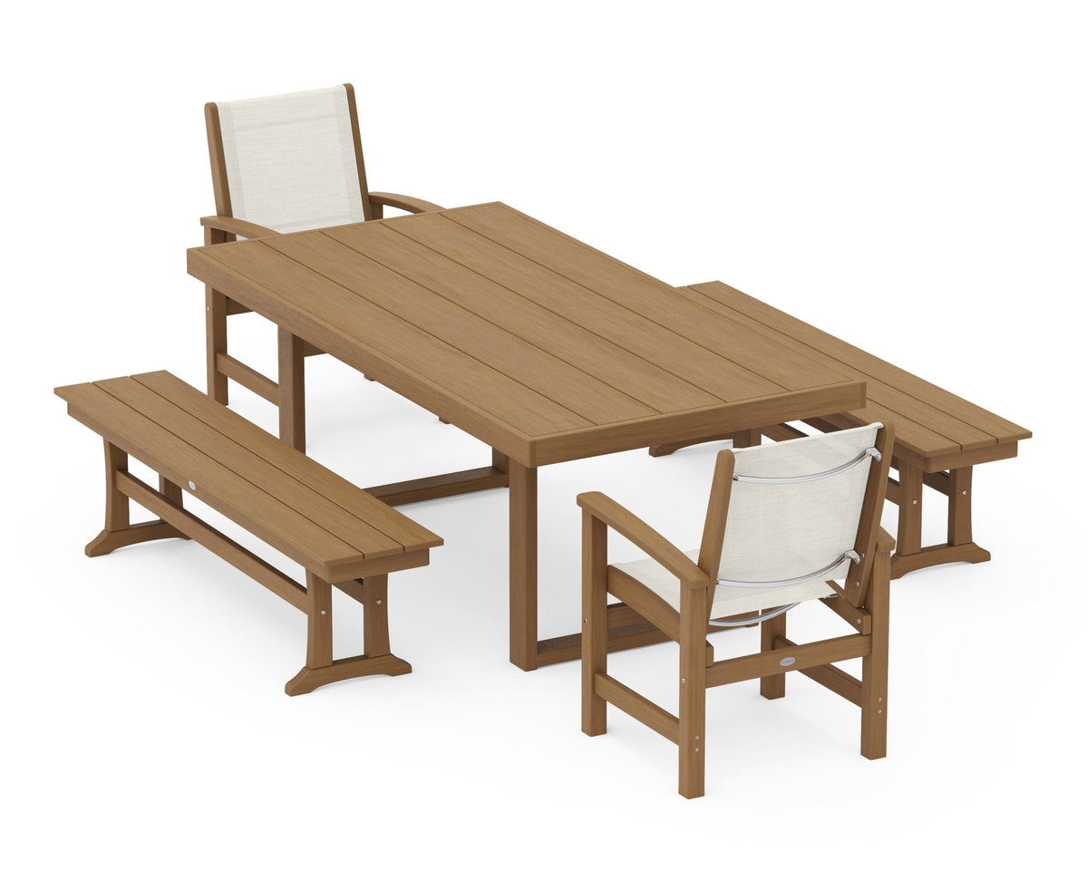 POLYWOOD Coastal 5-Piece Dining Set with Trestle Legs with EDGE 40" x 78" Dining Table in Natural / Parchment