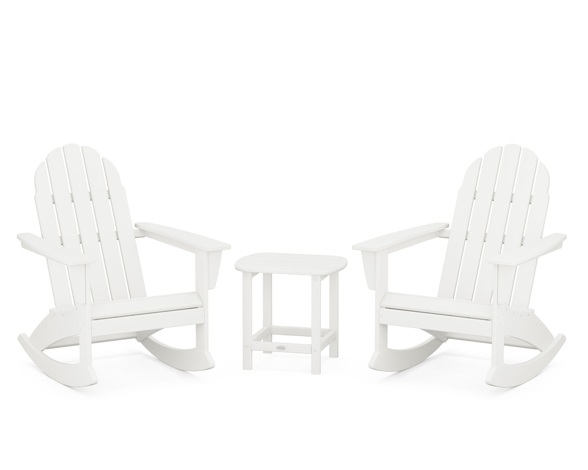 POLYWOOD Vineyard 3-Piece Adirondack Rocking Chair Set with South Beach 18" Side Table in Vintage White