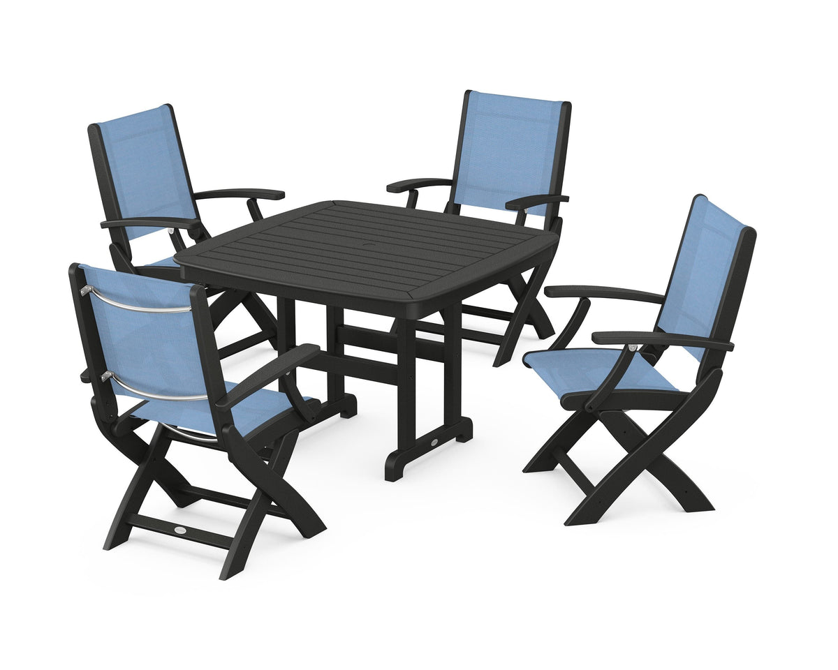 POLYWOOD Coastal Folding Chair 5-Piece Dining Set with Nautical 44" Dining Table in Black / Poolside