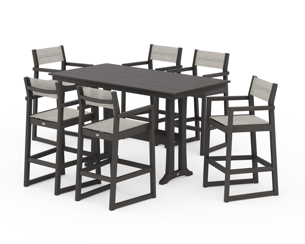 POLYWOOD EDGE Sling Arm Chair 7-Piece Farmhouse Bar Set with Trestle Legs in Vintage Coffee / Birch