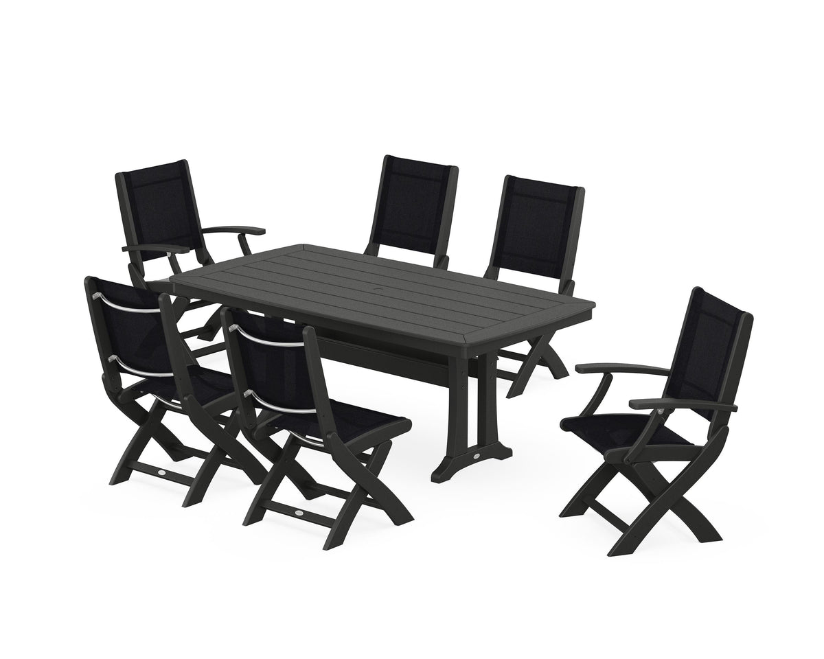 POLYWOOD Coastal Folding Chair 7-Piece Dining Set with Trestle Legs with Nautical Trestle 38" x 73" Dining Table in Black / Black