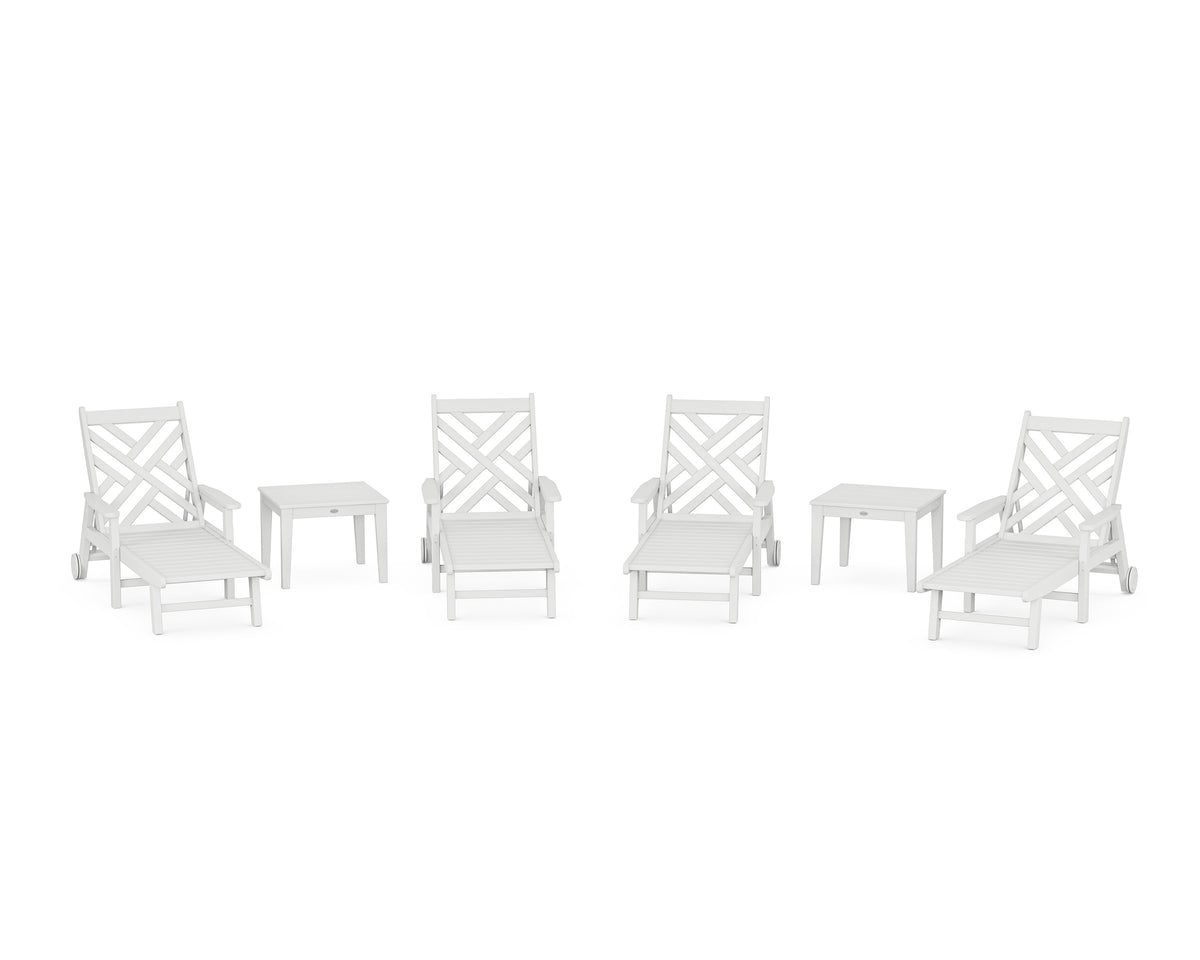 POLYWOOD Chippendale 6-Piece Chaise Set with Arms and Wheels in White