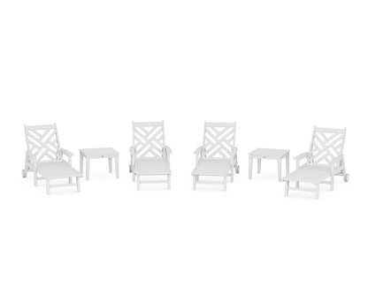 POLYWOOD Chippendale 6-Piece Chaise Set with Arms and Wheels in White