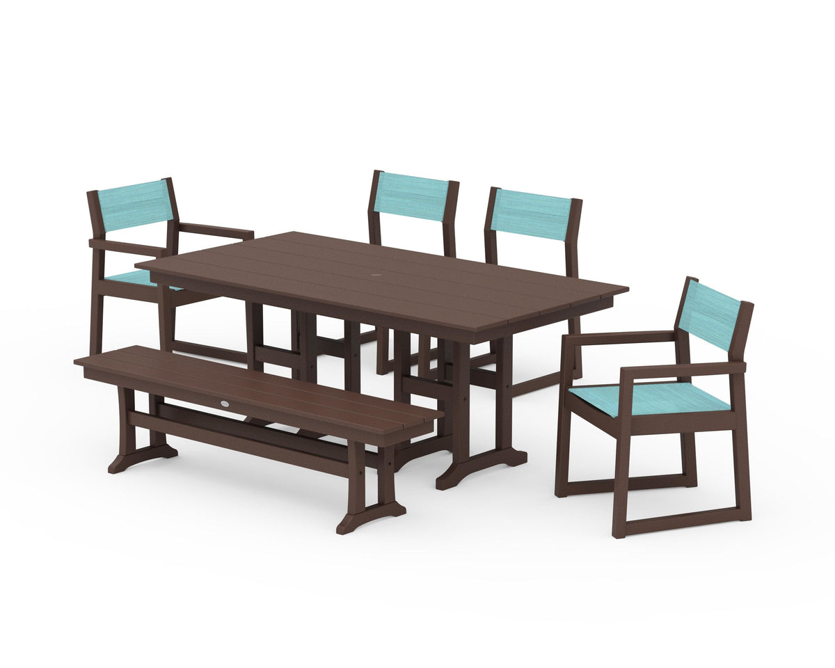 POLYWOOD EDGE Sling 6-Piece Farmhouse Dining Set in Mahogany / Dupioni Aquamarine