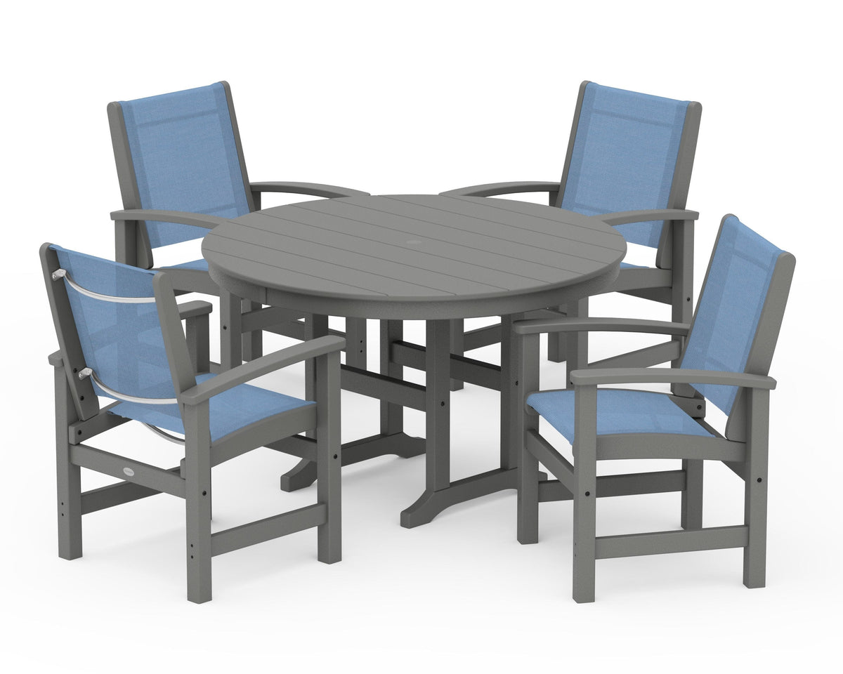 POLYWOOD Coastal 5-Piece Round Farmhouse Dining Set in Slate Grey / Poolside