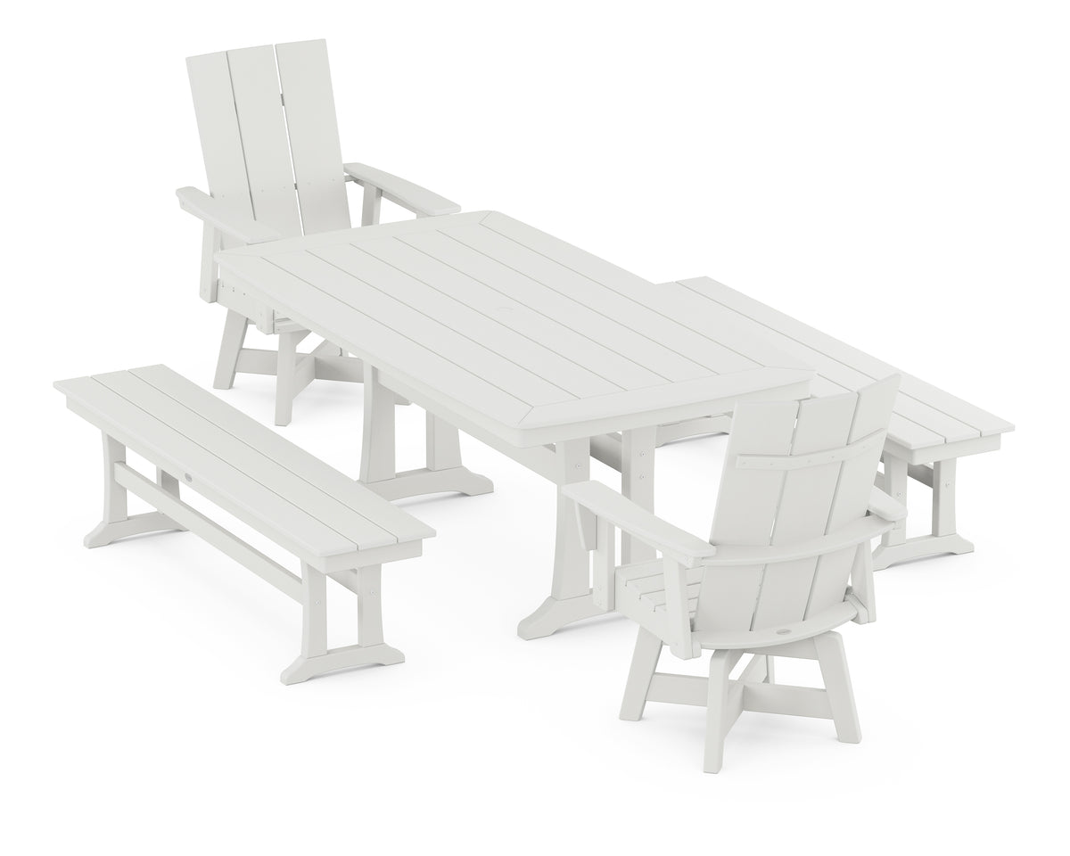 POLYWOOD Modern Curveback Adirondack Swivel Chair 5-Piece Dining Set with Trestle Legs and Benches in Vintage White