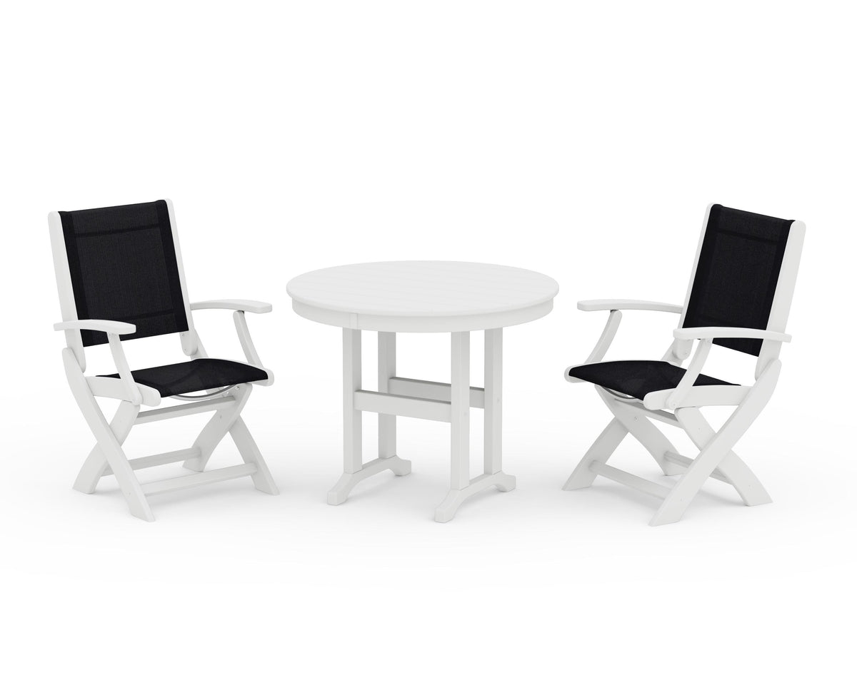 POLYWOOD Coastal Folding Chair 3-Piece Round Dining Set in White / Black