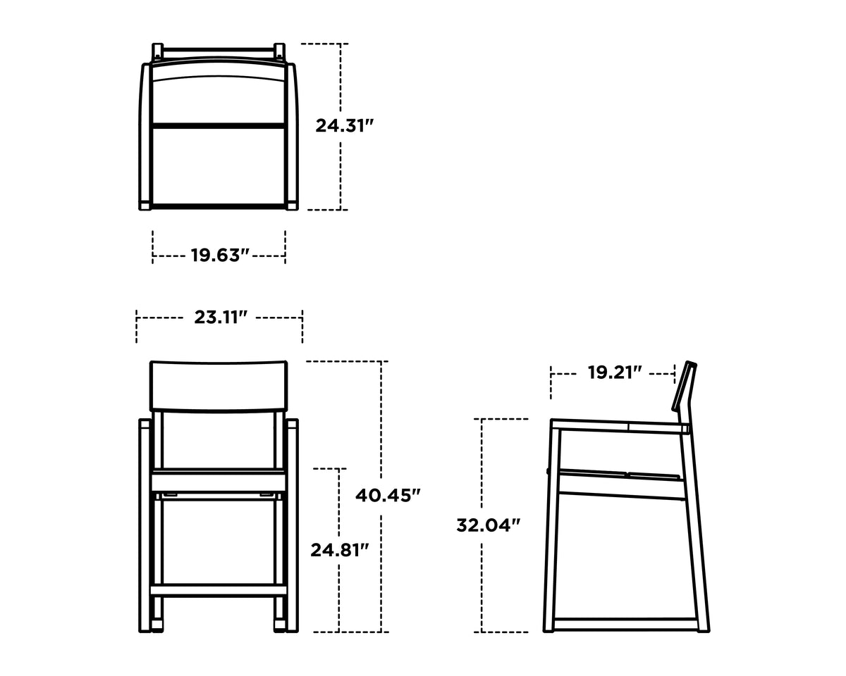 POLYWOOD EDGE Counter Arm Chair dimension drawing with width, depth and height measurements