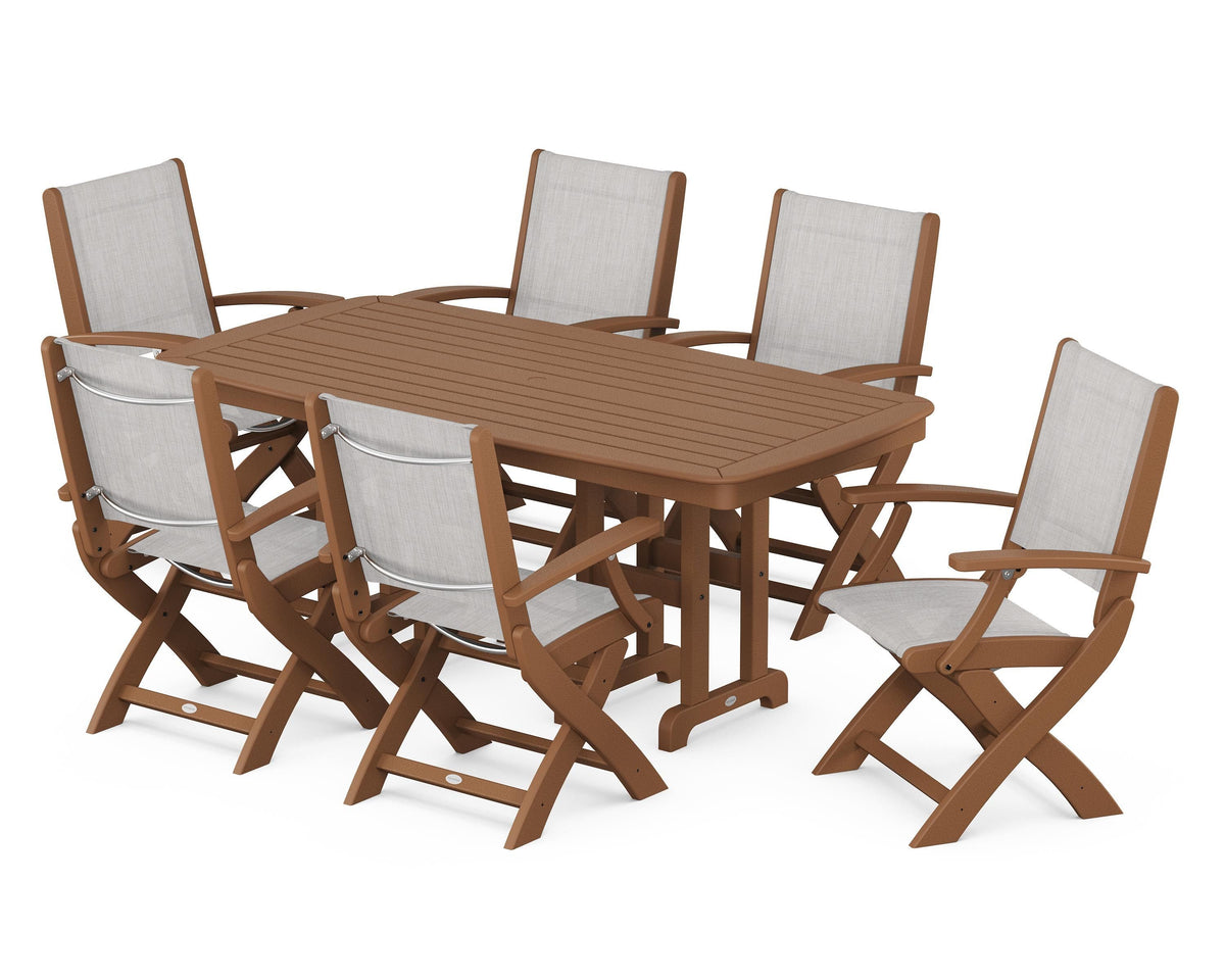 POLYWOOD Coastal Folding Arm Chair 7-Piece Dining Set in Teak / Parchment