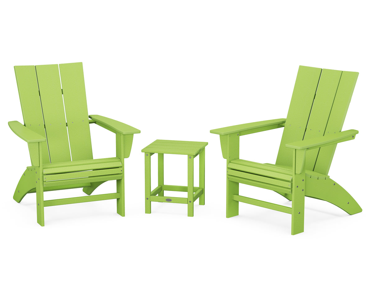POLYWOOD Modern 3-Piece Curveback Adirondack Set With Long Island 18" Side Table in Lime