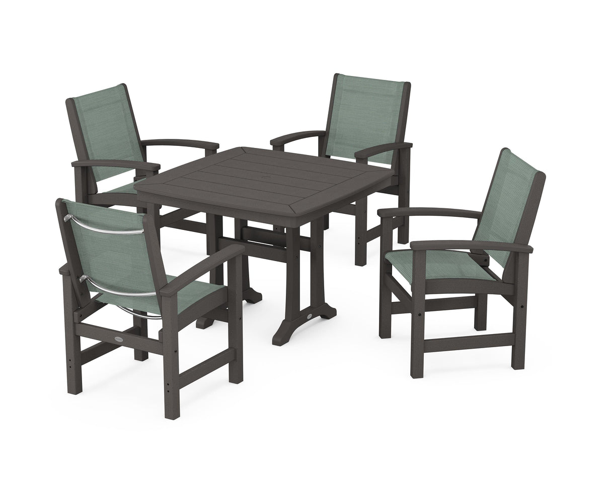 POLYWOOD Coastal 5-Piece Dining Set with Trestle Legs with Nautical Trestle 37" Dining Table in Vintage Coffee / Dupioni Sea Mist