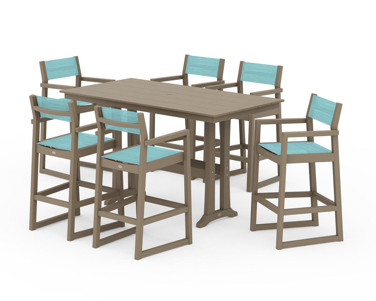 POLYWOOD EDGE Sling Arm Chair 7-Piece Farmhouse Bar Set with Trestle Legs in Vintage Sahara / Dupioni Aquamarine