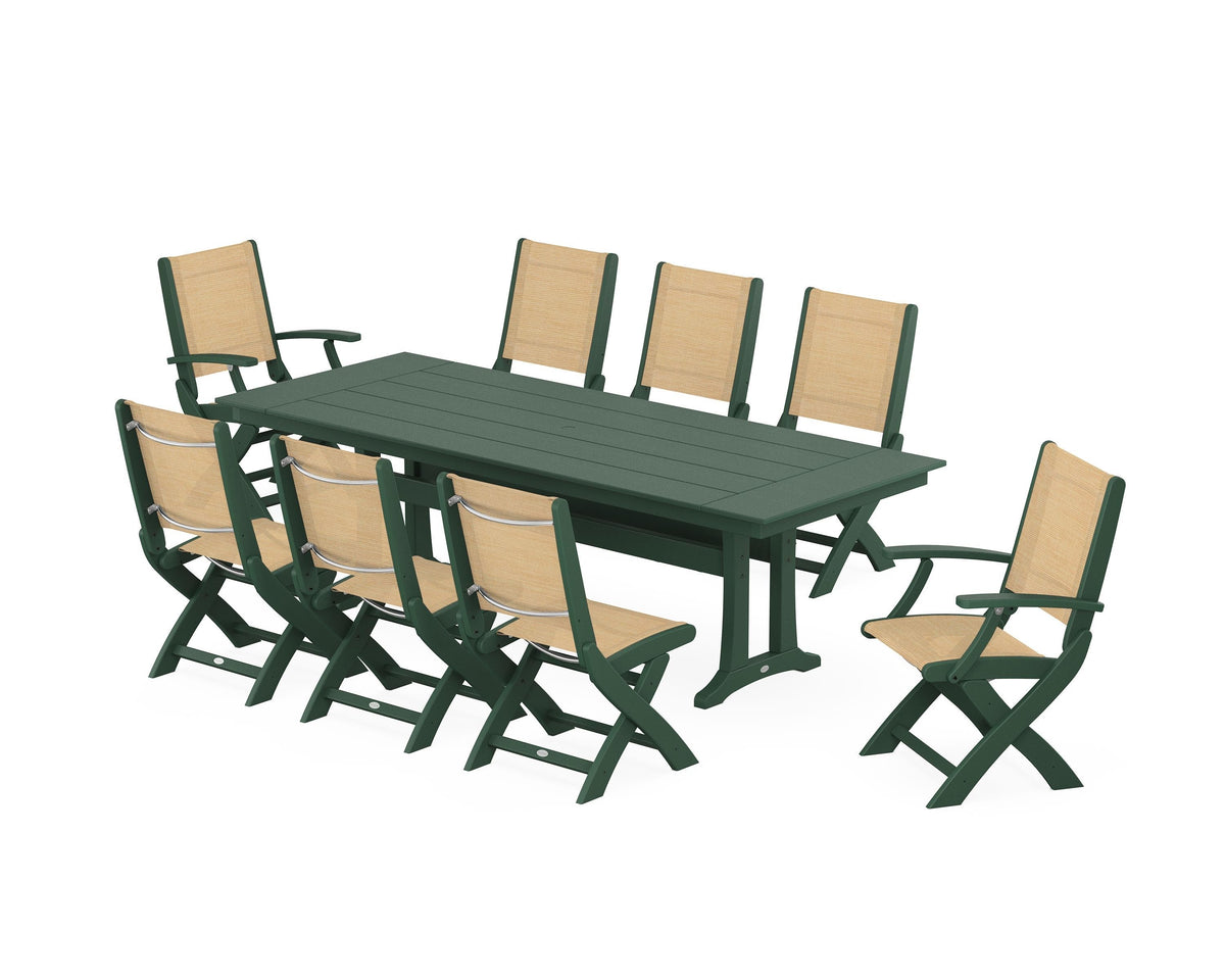 POLYWOOD Coastal 9-Piece Folding Dining Chair Farmhouse Dining Set with Trestle Legs in Green / Dupioni Apricot