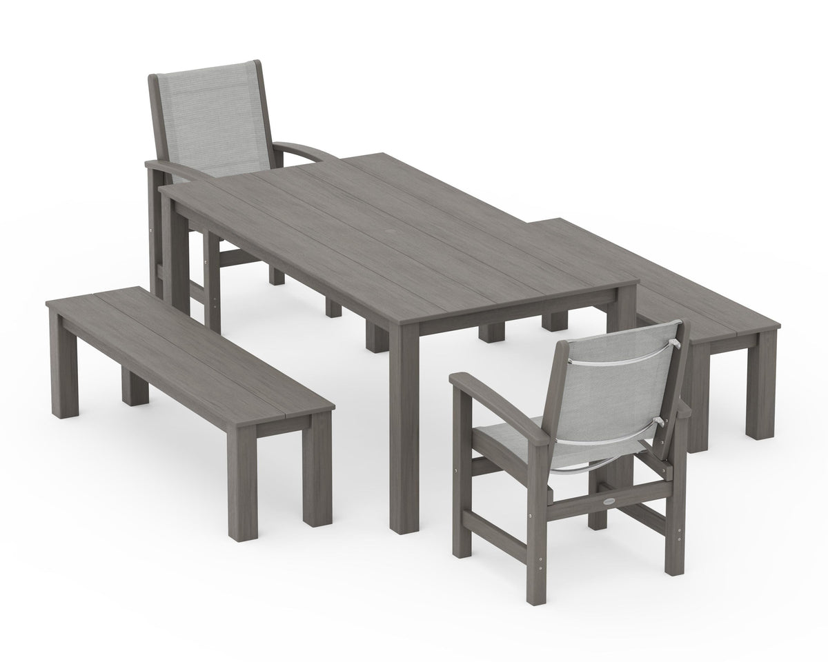 POLYWOOD Coastal 5-Piece Parsons Dining Set with Benches in Driftwood / Metallic