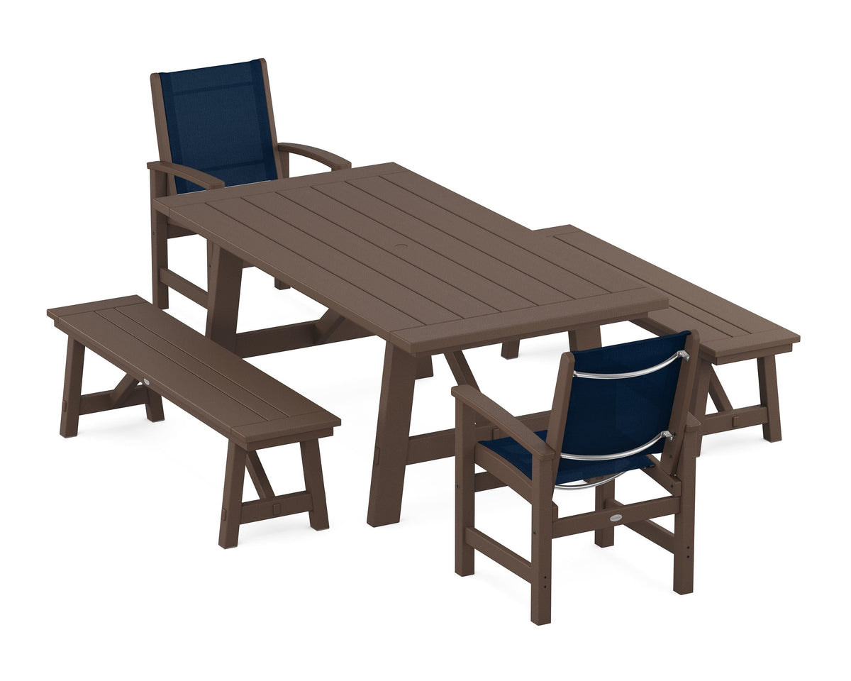 POLYWOOD Coastal 5-Piece Rustic Farmhouse Dining Set With Benches in Mahogany / Navy Blue