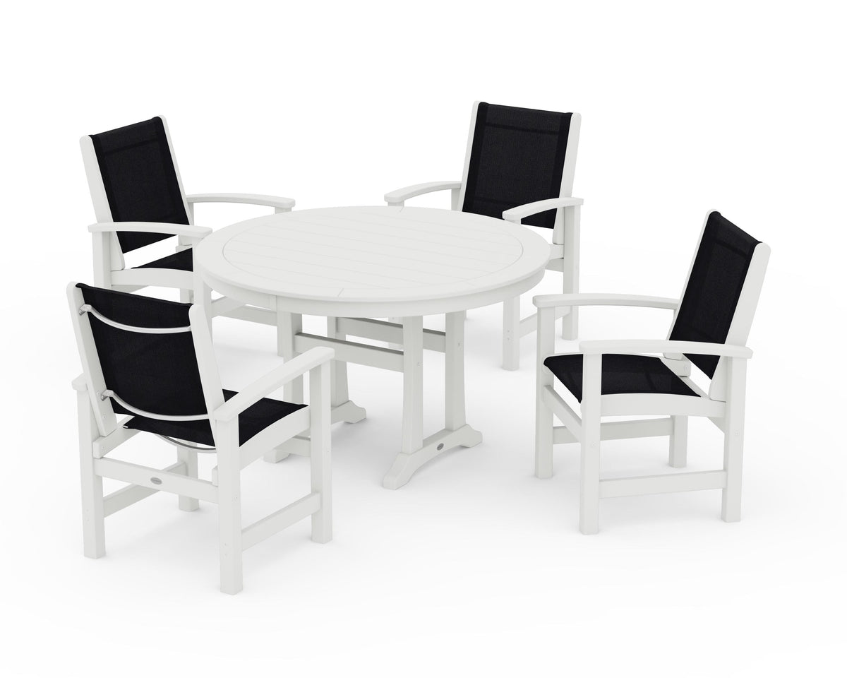 POLYWOOD Coastal 5-Piece Round Dining Set with Trestle Legs in Vintage White / Black