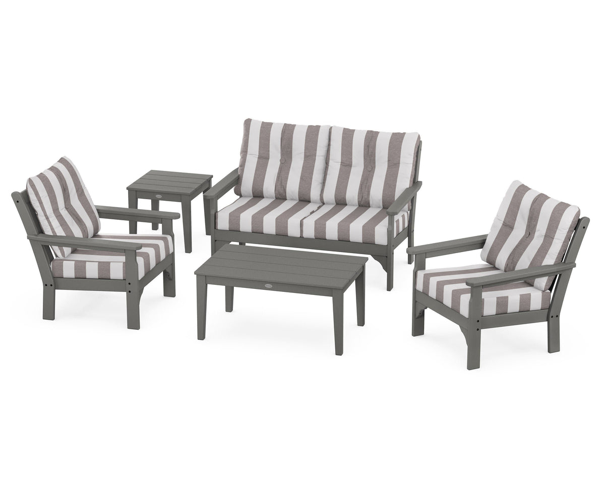 POLYWOOD Vineyard 5-Piece Deep Seating Set with Two Chairs and Loveseat in Slate Grey / Cabana Stripe Grey Mist
