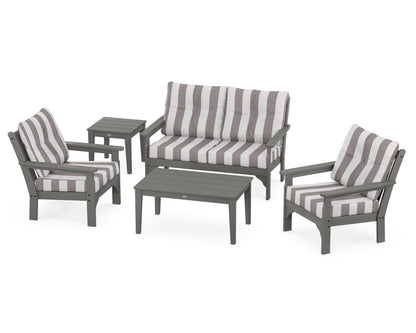 POLYWOOD Vineyard 5-Piece Deep Seating Set with Two Chairs and Loveseat in Slate Grey / Cabana Stripe Grey Mist
