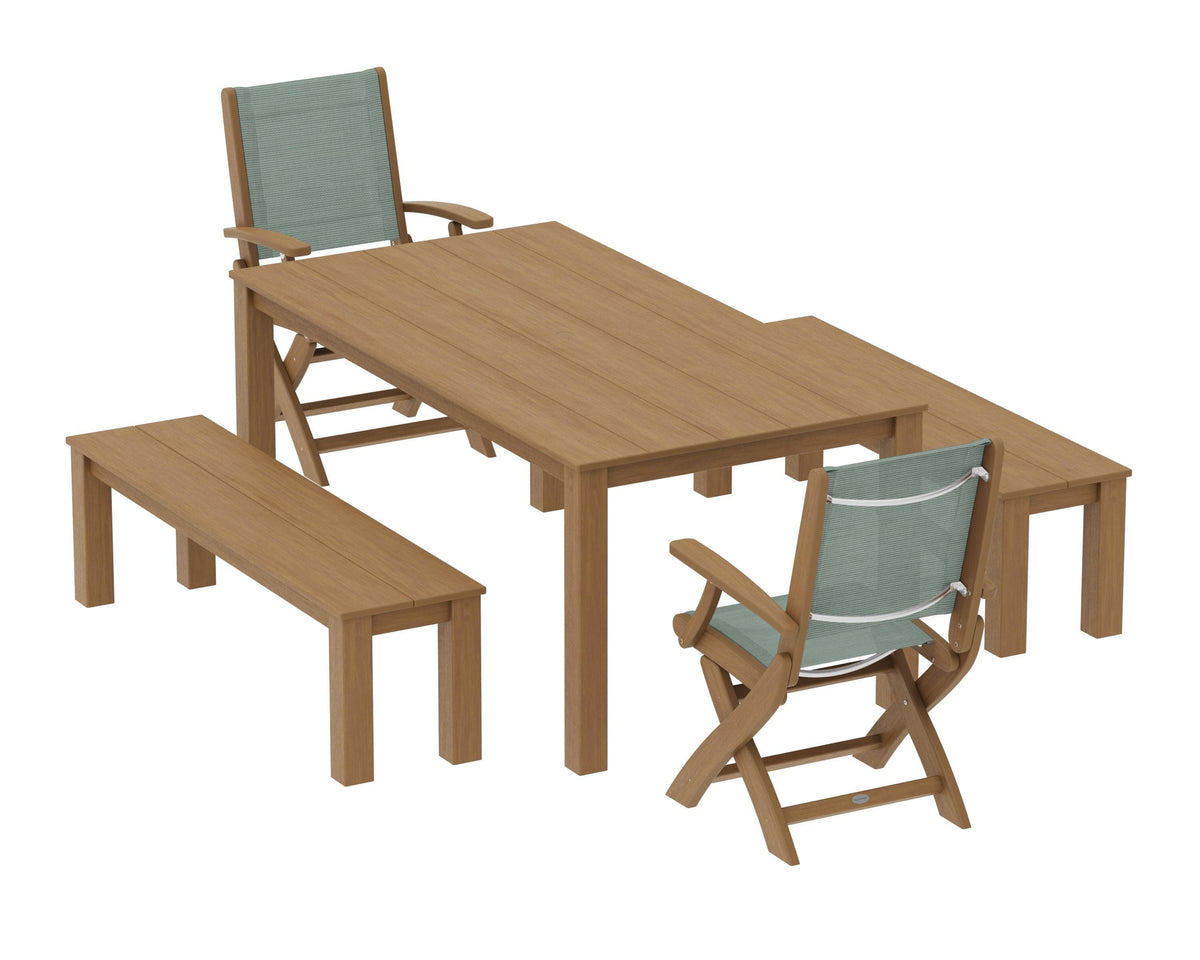 POLYWOOD Coastal Folding Chair 5-Piece Parsons Dining Set with Benches in Natural / Dupioni Sea Mist
