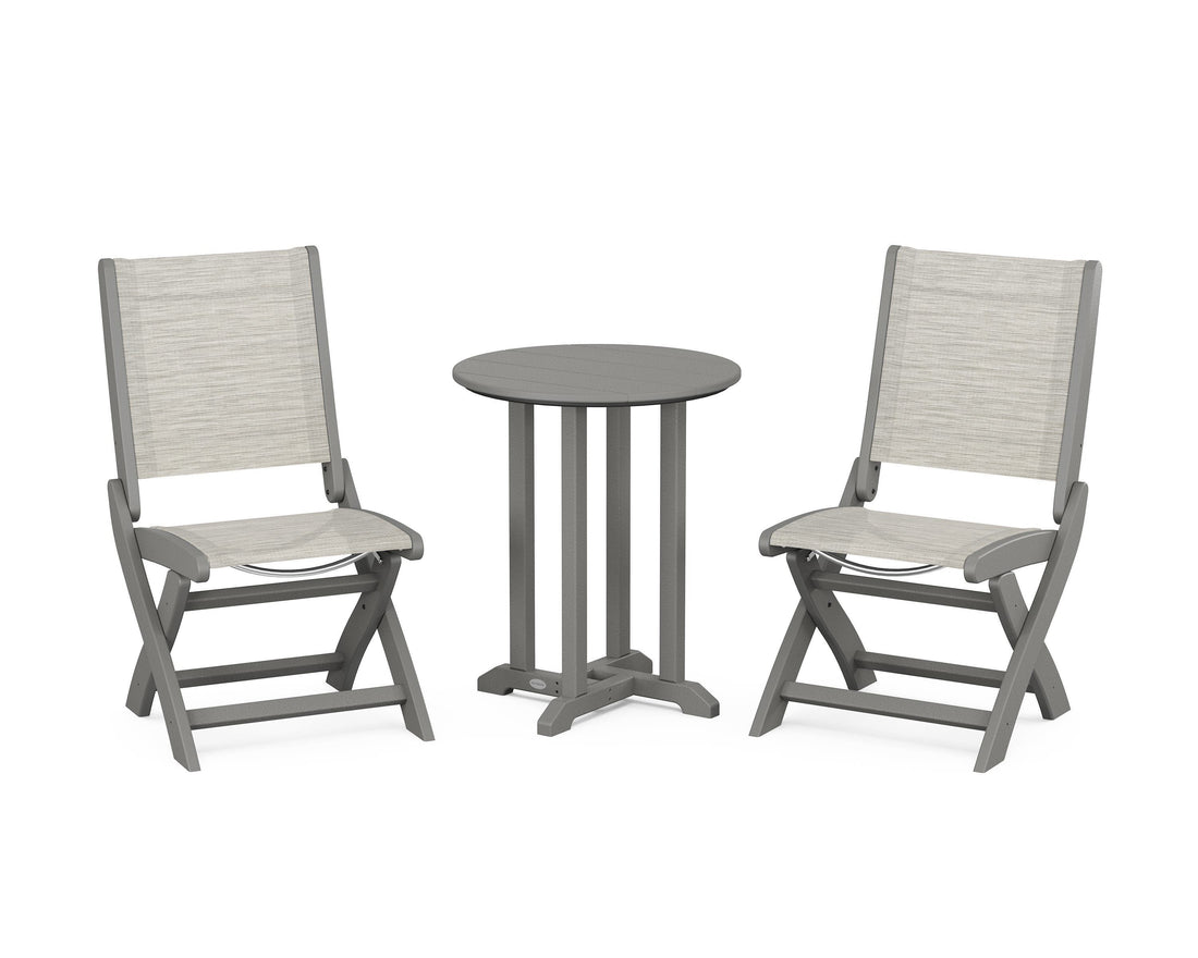 POLYWOOD Coastal Folding Side Chair 3-Piece Round Bistro Dining Set in Slate Grey / Birch