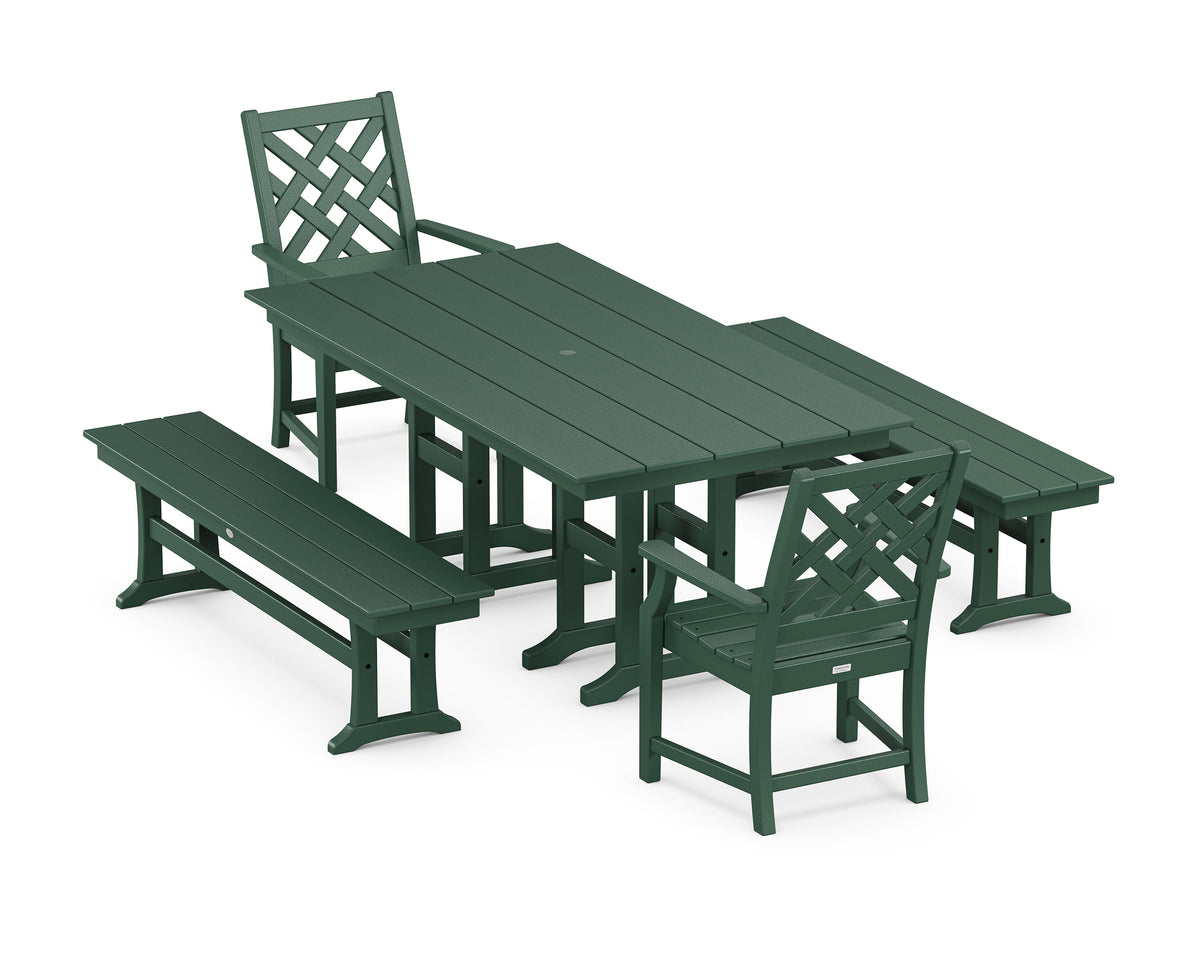 POLYWOOD Wovendale 5-Piece Farmhouse Dining Set with Benches in Green