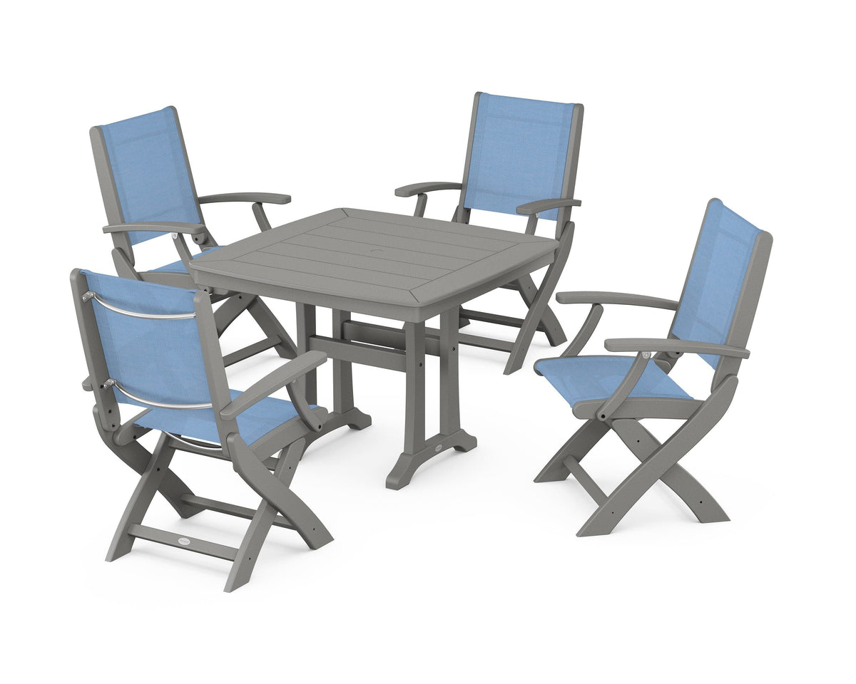 POLYWOOD Coastal Folding Chair 5-Piece Dining Set with Trestle Legs in Slate Grey / Poolside
