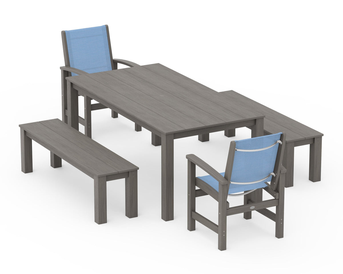 POLYWOOD Coastal 5-Piece Parsons Dining Set with Benches in Driftwood / Poolside