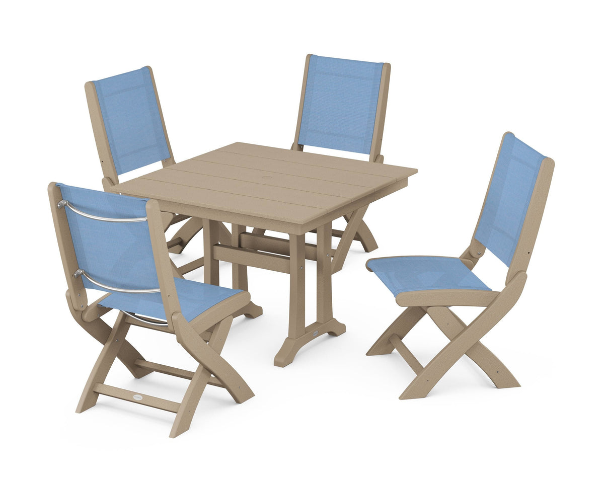 POLYWOOD Coastal Folding Side Chair 5-Piece Farmhouse Dining Set With Trestle Legs in Vintage Sahara / Poolside