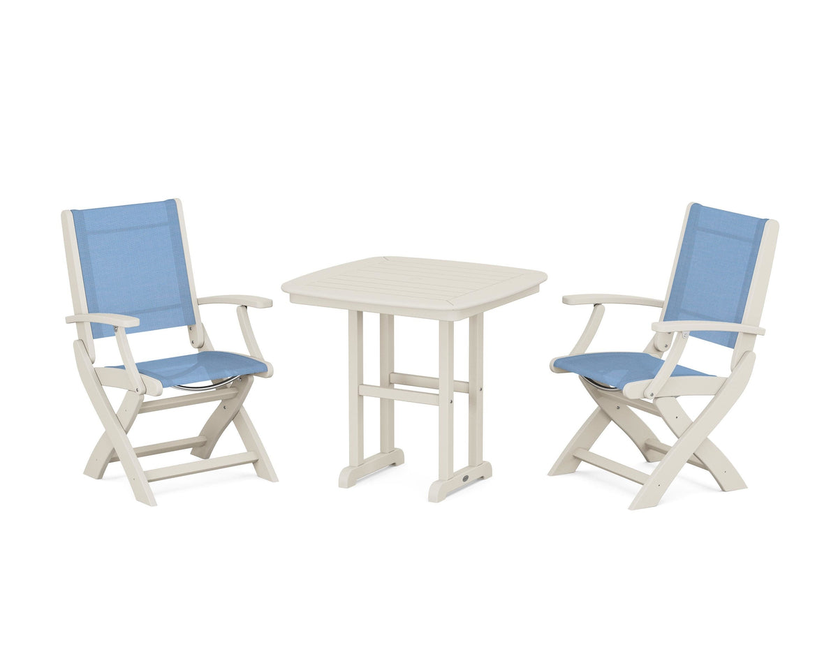 POLYWOOD Coastal Folding Chair 3-Piece Dining Set in Sand / Poolside