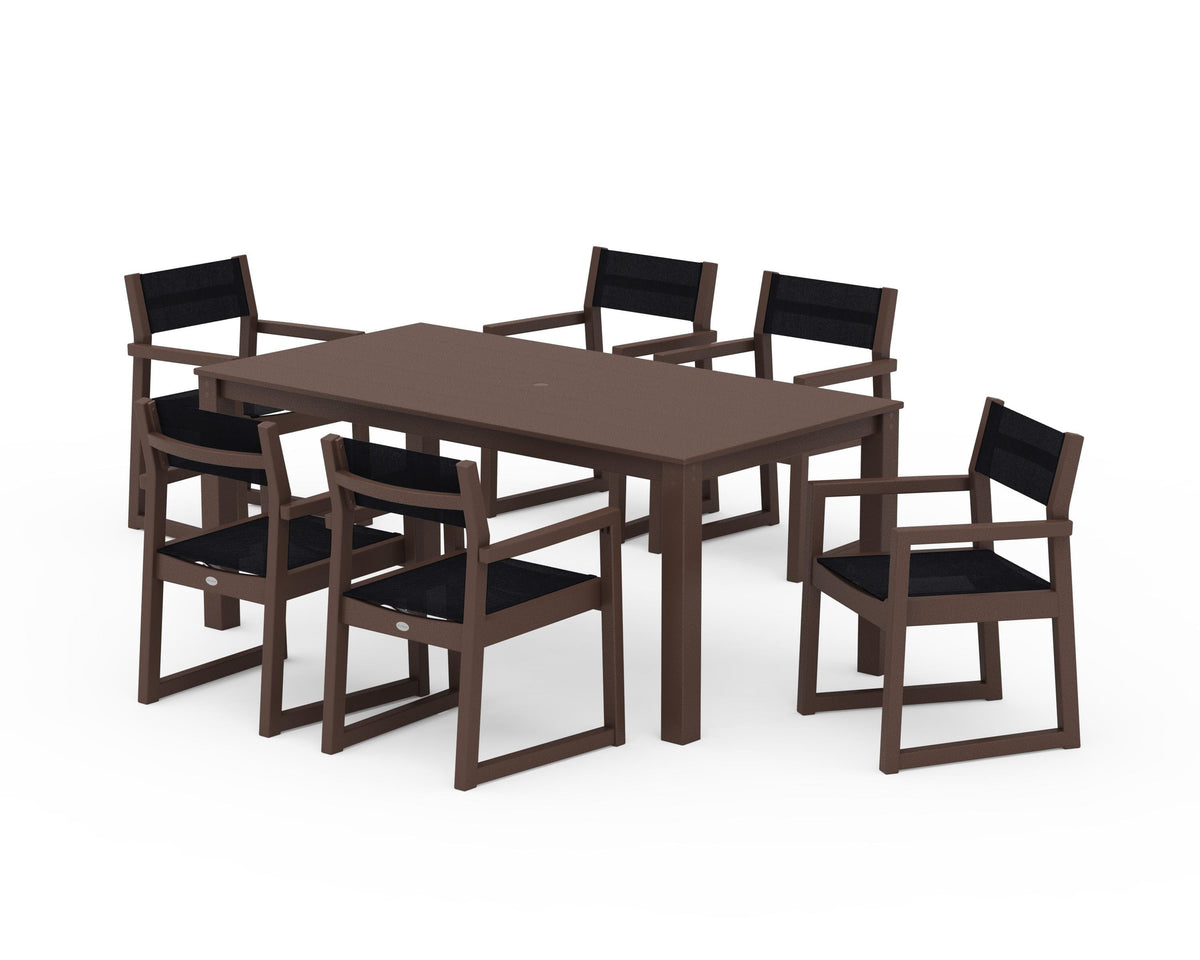 POLYWOOD EDGE Sling Arm Chair 7-Piece Parsons Dining Set in Mahogany / Black