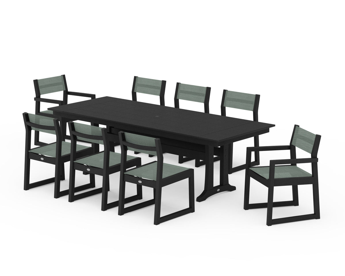 POLYWOOD EDGE Sling 9-Piece Farmhouse Trestle Dining Set in Black / Dupioni Sea Mist