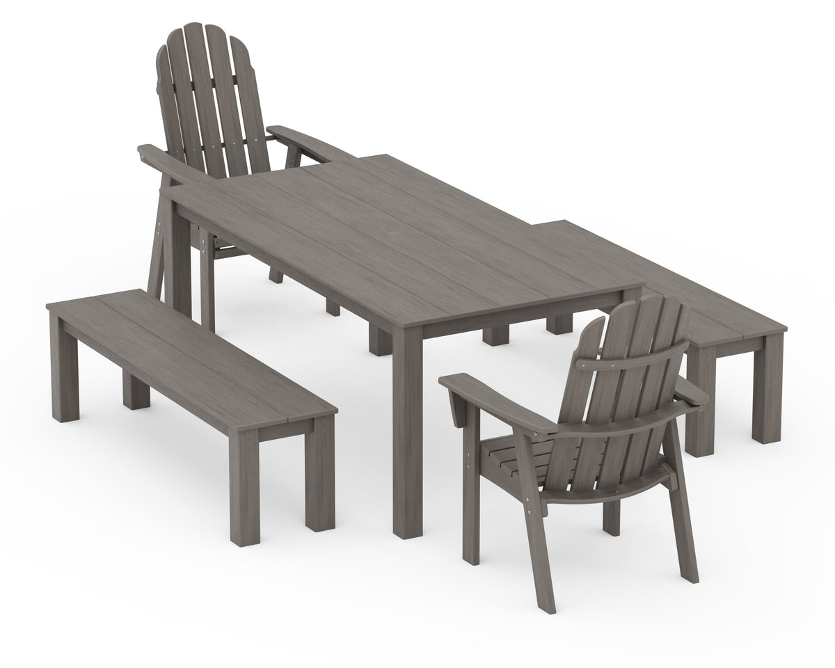 POLYWOOD Vineyard Curveback Adirondack 5-Piece Parsons Dining Set with Benches in Driftwood