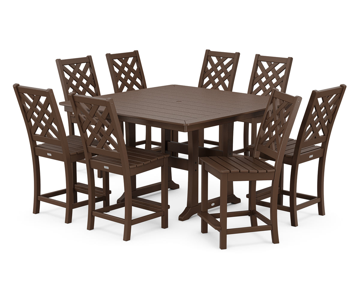 POLYWOOD Country Living Wovendale Side Chair 9-Piece Square Counter Set with Trestle Legs in Mahogany
