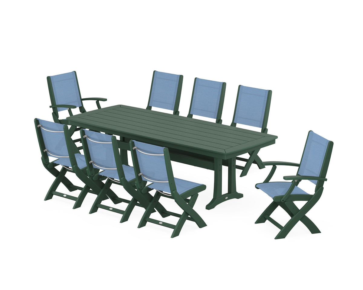 POLYWOOD Coastal Folding 9-Piece Dining Set with Trestle Legs in Green / Poolside
