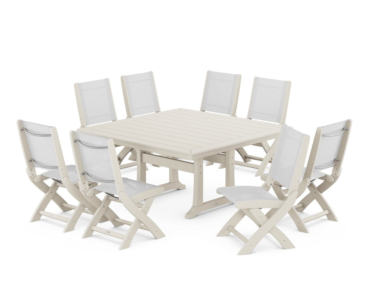 POLYWOOD Coastal Folding Side Chair 9-Piece Dining Set with Trestle Legs in Sand / White