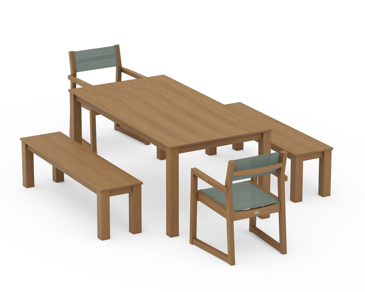 POLYWOOD EDGE Sling Arm Chair 5-Piece Parsons Dining Set with Benches in Natural / Dupioni Sea Mist
