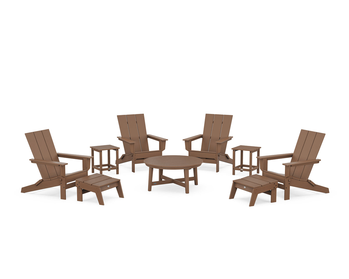 POLYWOOD Modern Studio Folding Adirondack 9-Piece Conversation Set in Teak
