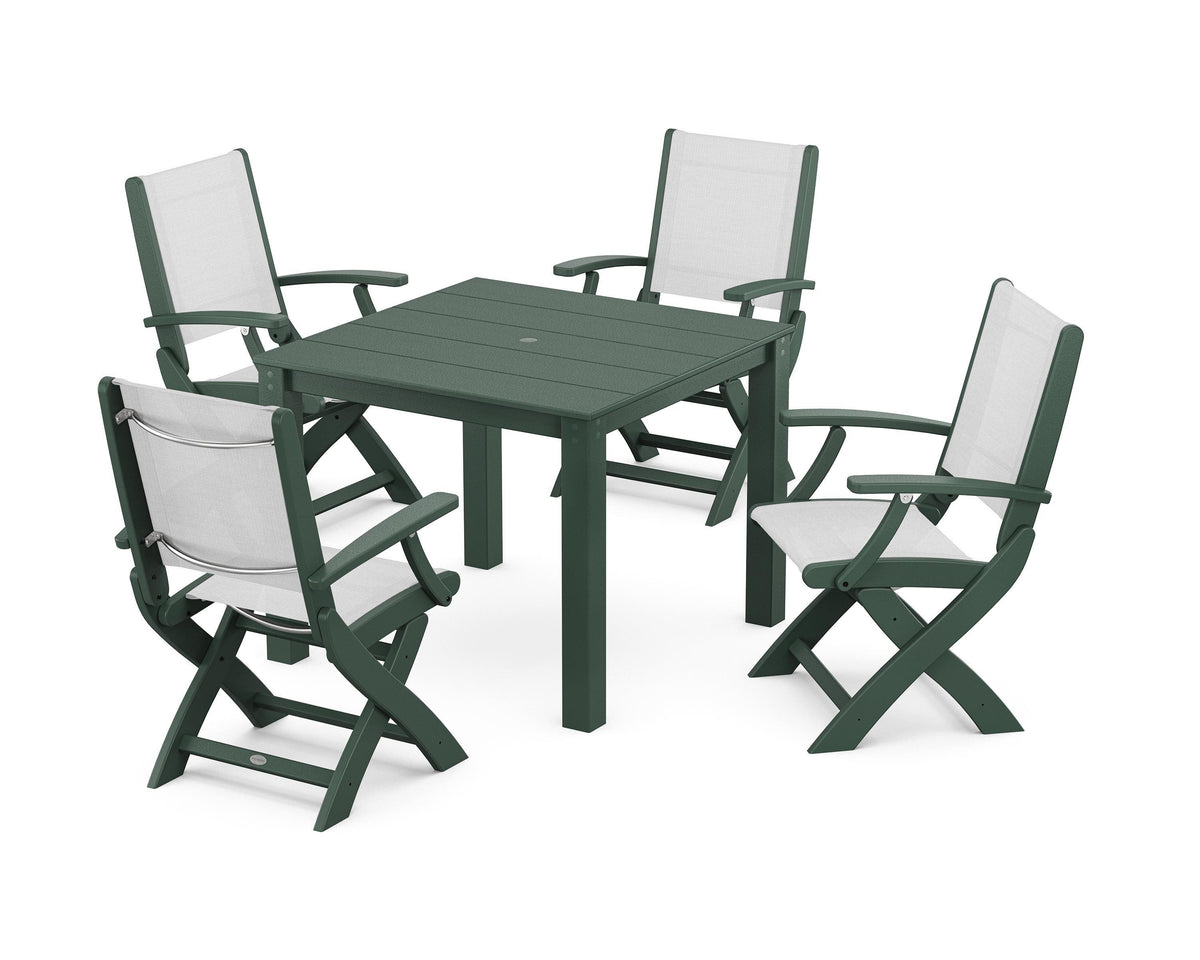 POLYWOOD Coastal Folding Chair 5-Piece Parsons Dining Set in Green / White