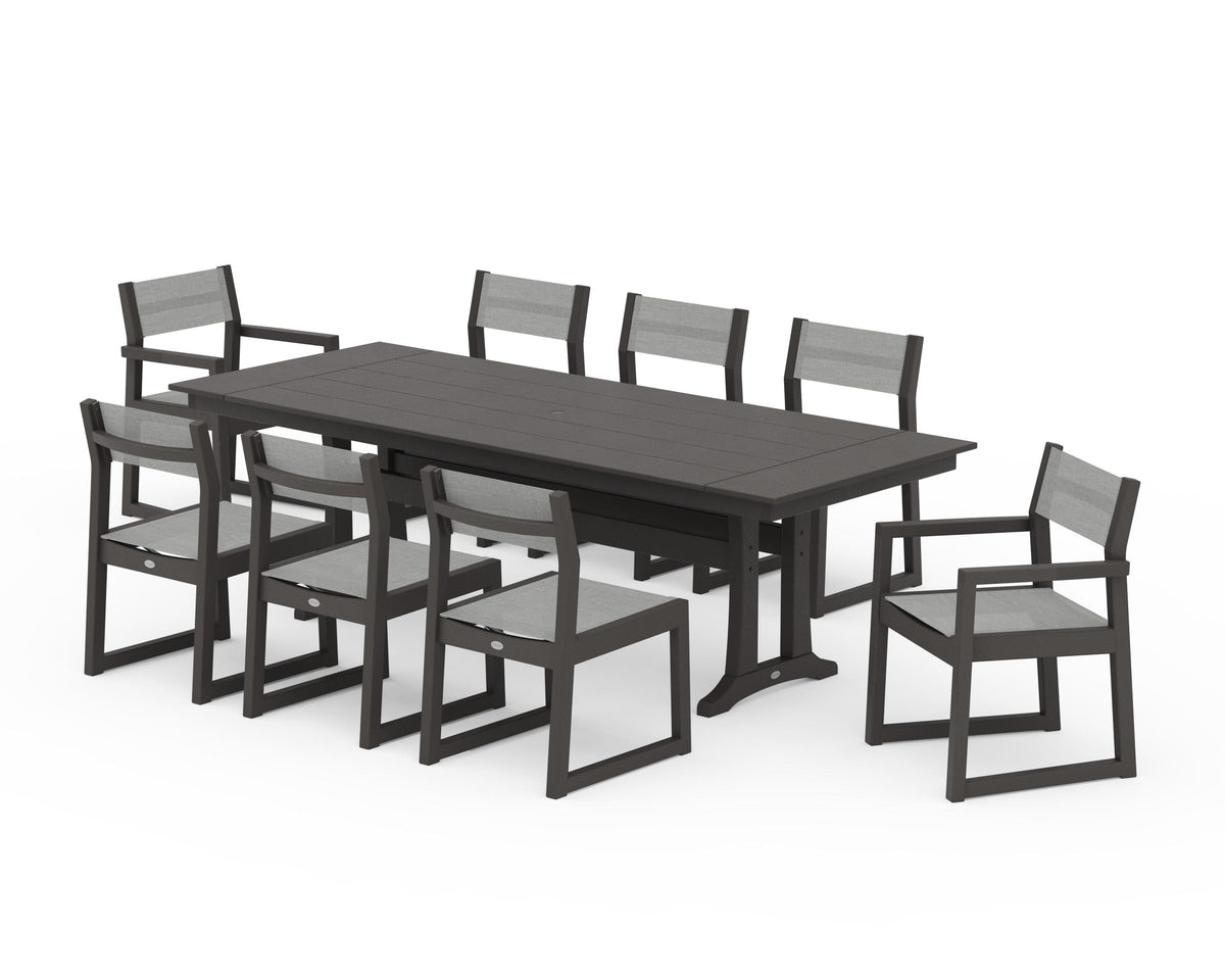 POLYWOOD EDGE Sling 9-Piece Farmhouse Trestle Dining Set in Vintage Coffee / Metallic