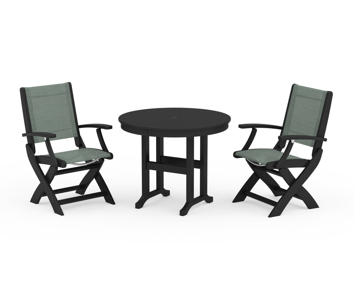 POLYWOOD Coastal Folding Chair 3-Piece Round Dining Set in Black / Dupioni Sea Mist