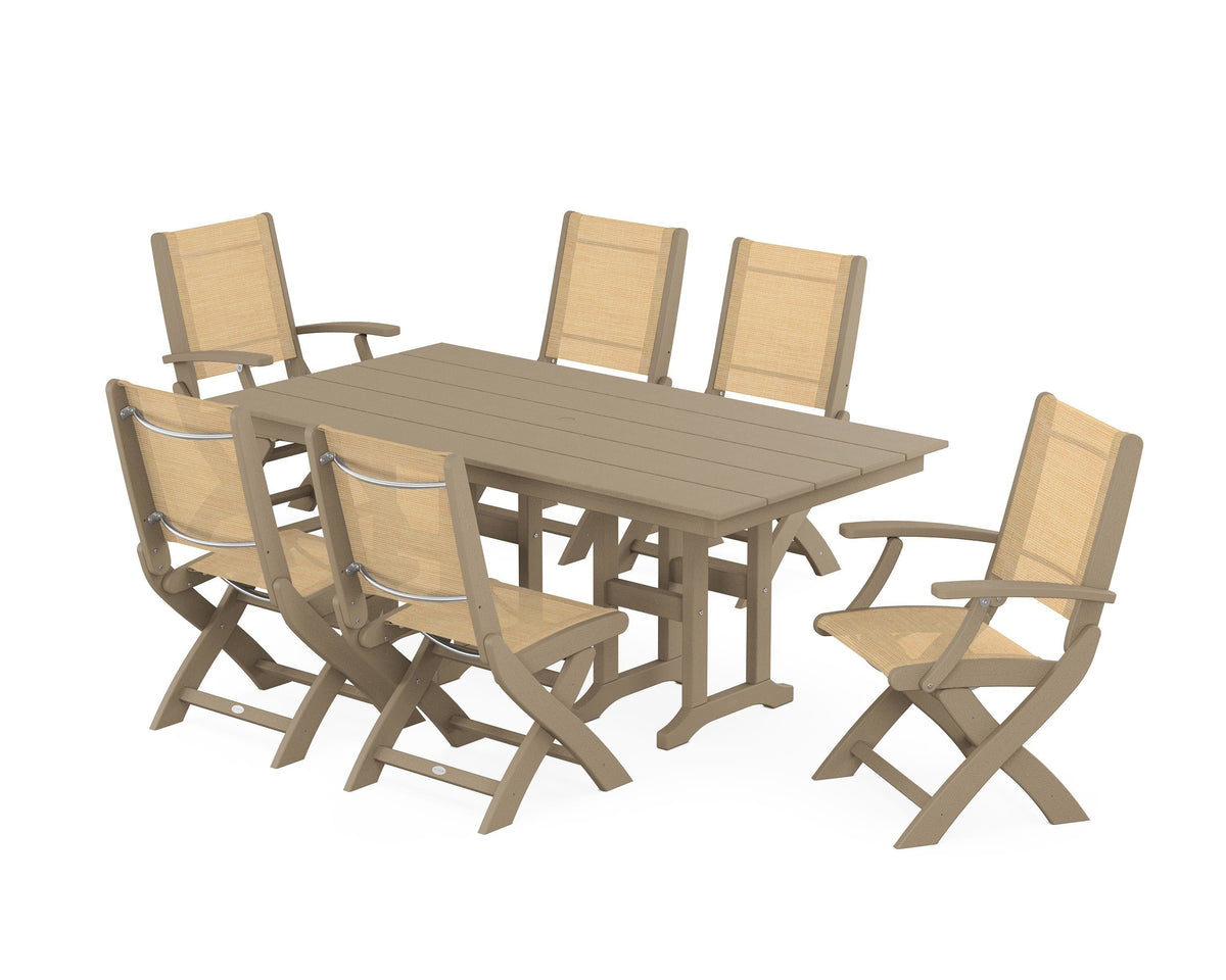 POLYWOOD Coastal Folding Chair 7-Piece Farmhouse Dining Set in Vintage Sahara / Dupioni Apricot