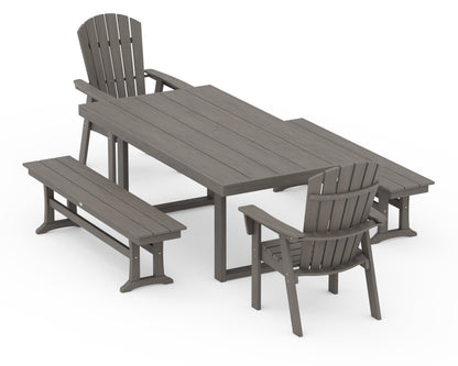 POLYWOOD Nautical Curveback Adirondack 5-Piece Dining Set with Benches - 39" x 78" Table in Driftwood